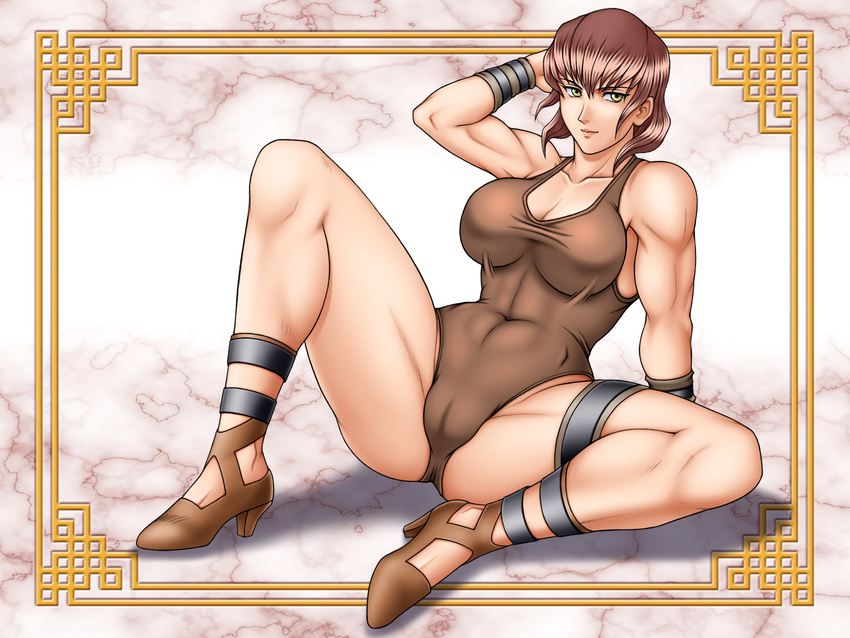 abs bamboo_(artist) bare_shoulders big_breasts bracelet bracelets breasts brown_hair cleavage female full_body gensou_suikoden gensou_suikoden_ii green_eyes high_heels highres jewelry kitamura_(bamboo) leotard muscle muscular muscular_female oulan red_hair shoes short_hair sitting solo suikoden suikoden_ii thigh_strap wristband