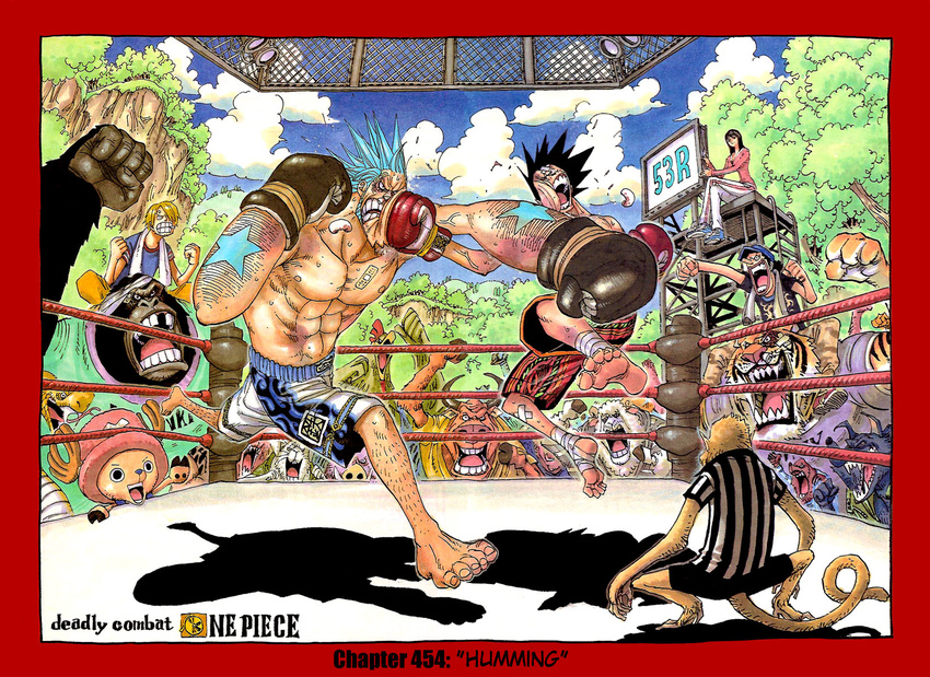1girl 2007 4boys abs animal arena bandage barefoot bird black_hair blonde_hair blue_hair blue_sky boar border boxing boxing_gloves boxing_ring bull chicken cigarette cloud copyright_name cover cover_page dog franky gorilla hair_over_one_eye hat highres horns monkey monkey_d_luffy multiple_boys muscle nico_robin oda_eiichiro oda_eiichirou official_art one_piece outdoors punching ram referee reindeer rooster sanji scoreboard sheep sheep_horns shorts sky smoking snake tattoo tiger tony_tony_chopper topless towel tree usopp white_pants