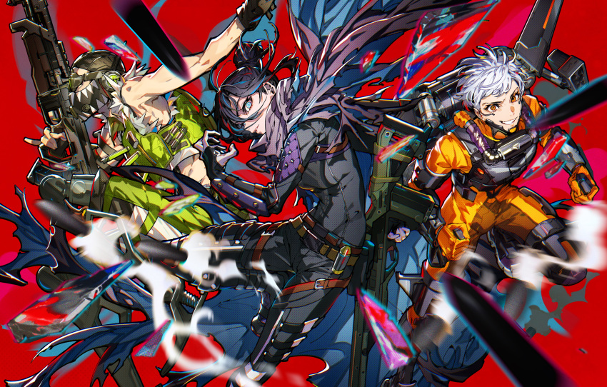 1boy 2girls absurdres animification apex_legends armor assault_rifle black_bodysuit black_hair black_headwear blue_eyes blue_hair bodysuit breastplate breasts broken_glass crazy_smile cropped_vest glass goggles green_vest grey_hair gun hair_behind_ear hair_bun highres holding holding_gun holding_weapon jetpack looking_at_viewer mask medium_breasts mika_pikazo missile_pod mouth_mask multicolored_hair multiple_girls octane_(apex_legends) open_hand orange_bodysuit orange_eyes parted_lips purple_scarf red_background red_hair rifle scarf short_hair single_hair_bun smile sniper_rifle streaked_hair triple_take valkyrie_(apex_legends) vest vk-47_flatline weapon wraith_(apex_legends)
