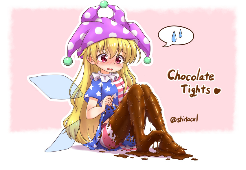 1girl american_flag_dress american_flag_legwear blonde_hair chocolate chocolate_on_body chocolate_on_clothes clownpiece english_text fairy fairy_wings food_on_body frilled_shirt_collar frills full_body hat highres jester_cap leggings long_hair neck_ruff open_mouth pink_eyes polka_dot shitacemayo short_sleeves sitting solo spoken_sweatdrop star_(symbol) star_print sweatdrop touhou twitter_username wings