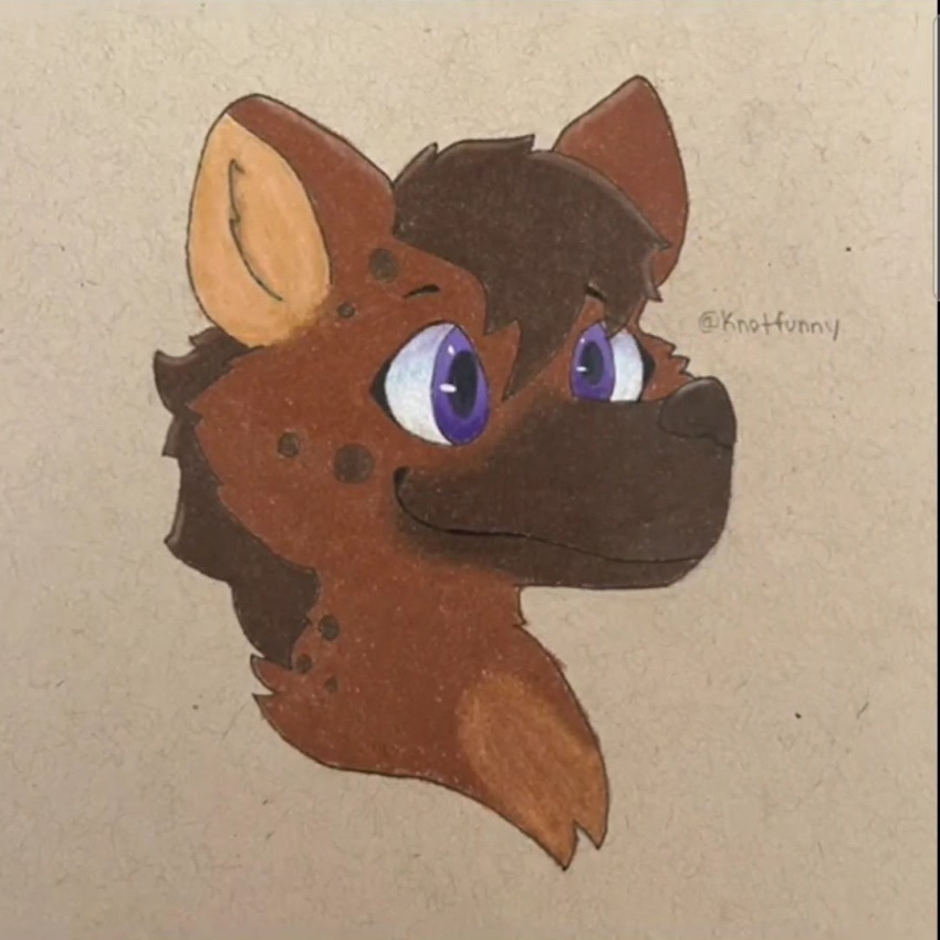 1:1 2022 anthro brown_body brown_fur brown_hair brown_nose bust_portrait chest_markings english_text eyebrows facial_markings fur hair head_markings herm_(lore) hyena mammal markings mouth_closed muzzle_(marking) nonbinary_(lore) pistachiofloofnbarkz portrait purple_eyes smile snout snout_markings spots spotted_body spotted_fur spotted_hyena spotted_markings tan_body tan_chest tan_fur tan_inner_ear text toony traditional_media_(artwork) trevor_pride_(knotfunny) username