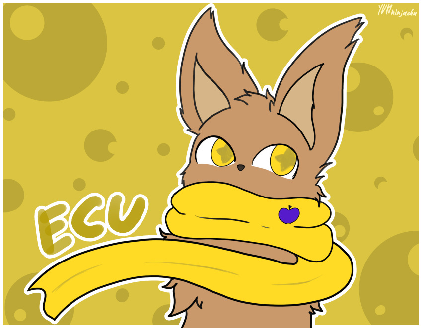absurd_res anonymous_artist anthro ecu_(character) flying_squirrel fur half-length_portrait hi_res hidden_mouth looking_away male mammal mostly_nude portrait rodent scarf scarf_only sciurid simple_background solo star_in_pupils starry_eyes tan_body tan_fur text yellow_background yellow_eyes yellow_scarf