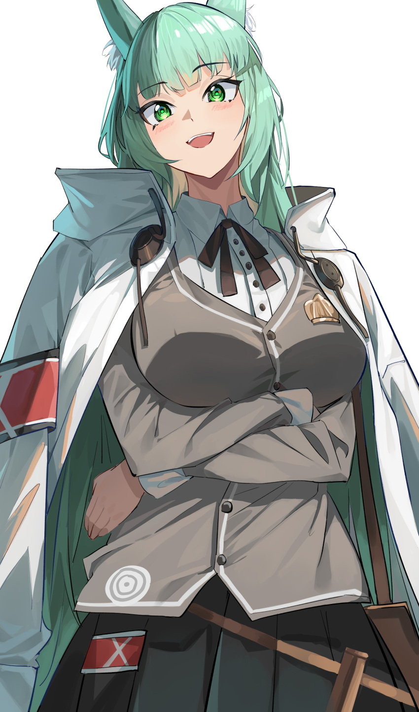 1girl :d absurdres animal_ear_fluff animal_ears arknights bangs black_skirt breasts cardigan cat_ears coat coat_on_shoulders commentary_request crossed_arms green_eyes green_hair grey_cardigan harmonie_(arknights) highres large_breasts long_hair long_sleeves looking_at_viewer open_mouth pleated_skirt shirt simple_background skirt smile solo soranoki very_long_hair white_background white_coat white_shirt