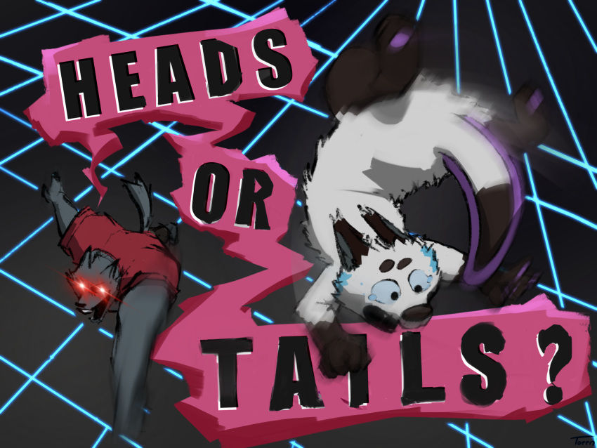 4:3 abstract_background ambiguous_gender anthro axolotl_tail black_eyes blue_sclera bodily_fluids brown_ears brown_tail canid canine canis digital_media_(artwork) digital_painting_(artwork) duo ear_markings facial_markings fur gloves_(marking) grey_body grey_fur head_markings hi_res laser_eyes leg_markings male mammal markings motion_blur neon_lights open_mouth pawpads pink_pawpads pink_tail red_eyes signature smaller_version_at_source smile socks_(marking) spinning taidum tears text throwing throwing_character torrn white_body white_fur wolf