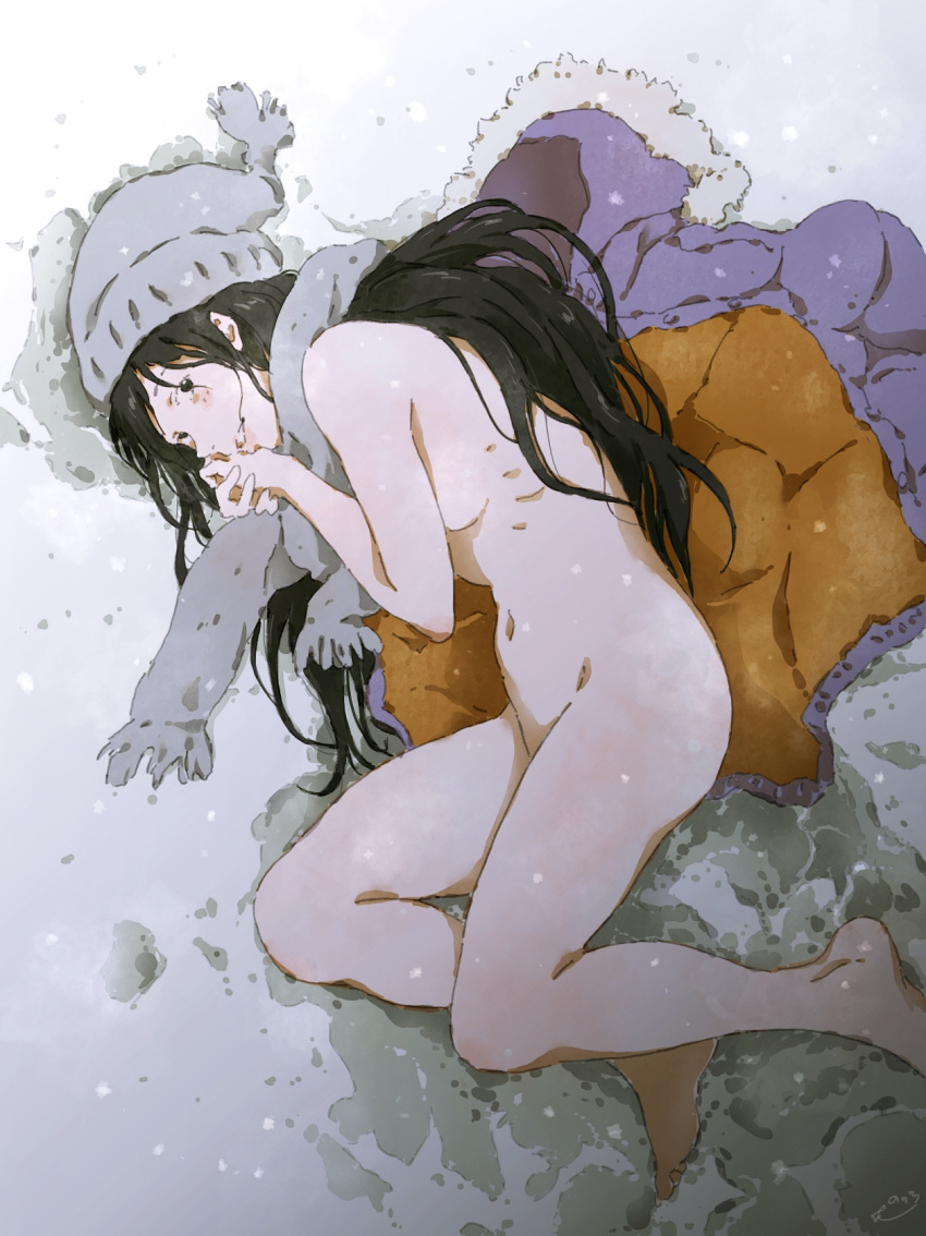 black_eyes black_hair blue_coat blush coat coat_removed cold commentary covering covering_breasts curled_up enpera exhibitionism from_above full_body fur-trimmed_coat fur_trim grey_headwear grey_scarf groin hand_to_own_mouth highres knit_hat long_hair looking_at_viewer looking_to_the_side looking_up lying monodevil naked_scarf navel nude on_ground on_side original parted_lips pom_pom_(clothes) public_indecency public_nudity ribs scarf smile snow