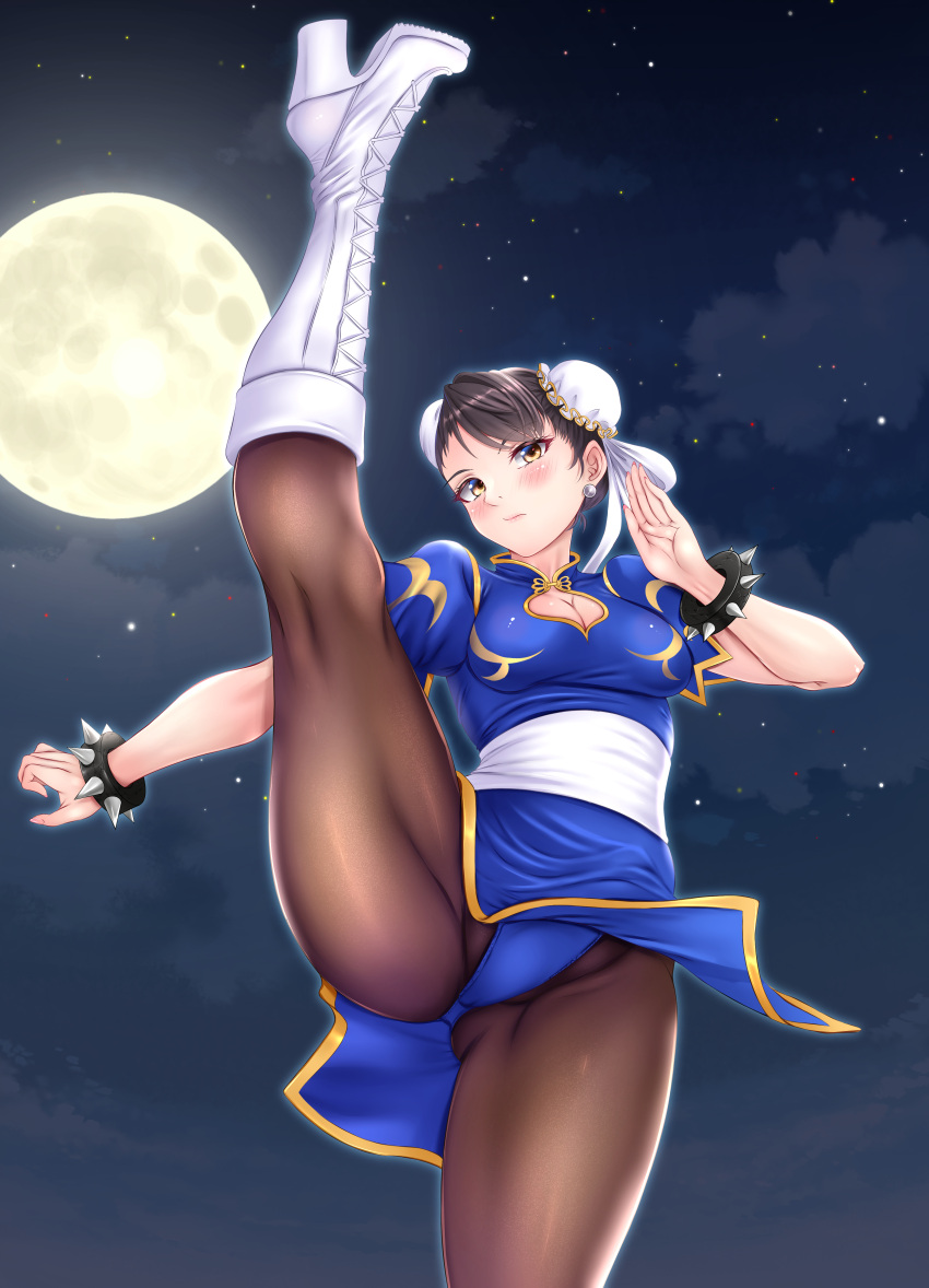 1girl absurdres alternate_costume bangs blush boots bracelet breasts brown_eyes brown_hair bun_cover china_dress chinese_clothes chun-li cleavage cleavage_cutout closed_mouth clothing_cutout commentary_request commission cross-laced_footwear double_bun dress earrings fingernails flexible full_moon gold_trim hair_bun high_heel_boots high_heels highres jewelry knee_boots lace-up_boots leotard leotard_under_clothes lips medium_breasts moon night night_sky pantyhose pelvic_curtain puffy_short_sleeves puffy_sleeves shiny shiny_clothes shiny_hair short_sleeves siki2046 skeb_commission sky solo spiked_bracelet spikes split standing standing_on_one_leg standing_split star_(sky) starry_sky street_fighter street_fighter_ii_(series)