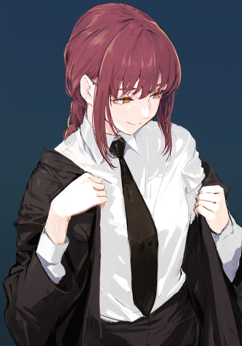 1girl absurdres akasaai bangs black_necktie black_pants blue_background braid braided_ponytail business_suit chainsaw_man closed_mouth collared_shirt commentary cowboy_shot formal highres jacket long_hair long_sleeves makima_(chainsaw_man) necktie office_lady orange_eyes pant_suit pants red_hair ringed_eyes shirt simple_background smile solo suit white_shirt