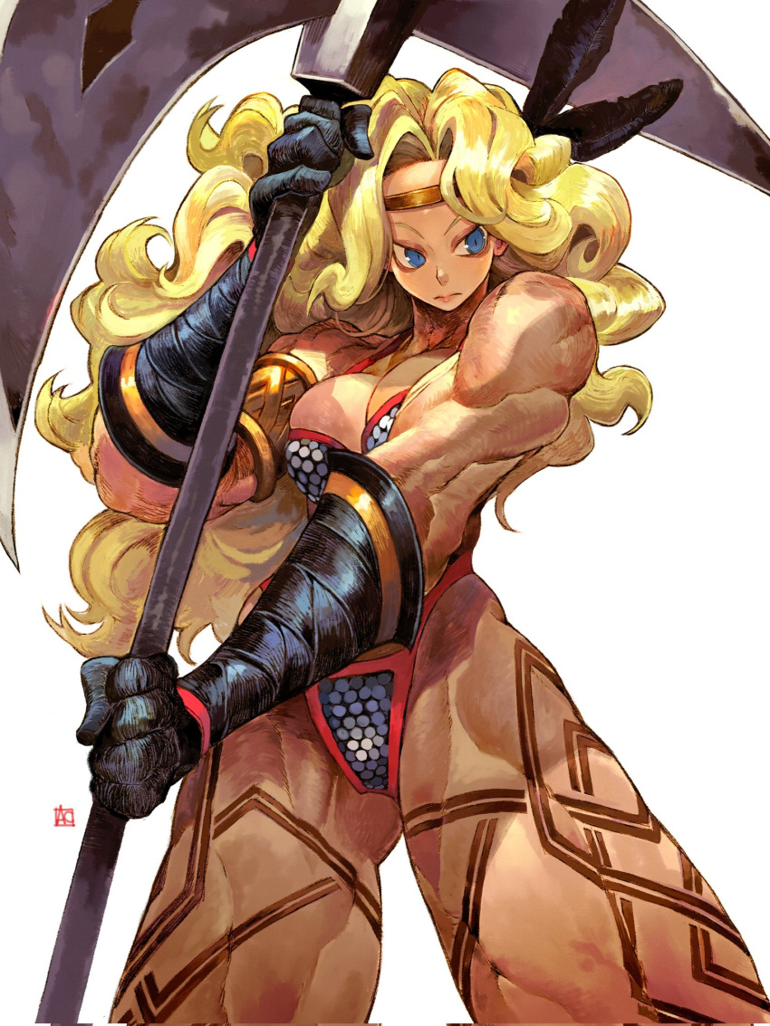 1girl amazon_(dragon's_crown) andrewcockroach armlet armor ass_visible_through_thighs bikini bikini_armor blonde_hair blue_eyes breasts circlet cleavage dragon's_crown feather_hair_ornament feathers gloves hair_ornament halberd highres holding holding_polearm holding_weapon leg_tattoo looking_to_the_side muscular muscular_female polearm simple_background solo swimsuit tattoo thick_thighs thighs thong_bikini wavy_hair weapon