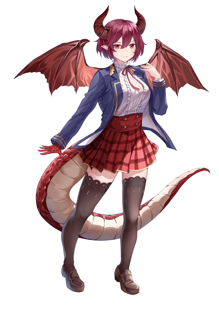 1girl absurdres blue_jacket breasts brown_footwear brown_thighhighs cygames dragon_girl dragon_horns dragon_tail dragon_wings frilled_shirt frills granblue_fantasy grea_(shingeki_no_bahamut) highres horns jacket kaijiba neck_ribbon plaid plaid_skirt pointy_ears red_eyes red_hair red_ribbon red_skirt ribbon shirt skirt solo tail thighhighs uniform white_shirt wings zettai_ryouiki