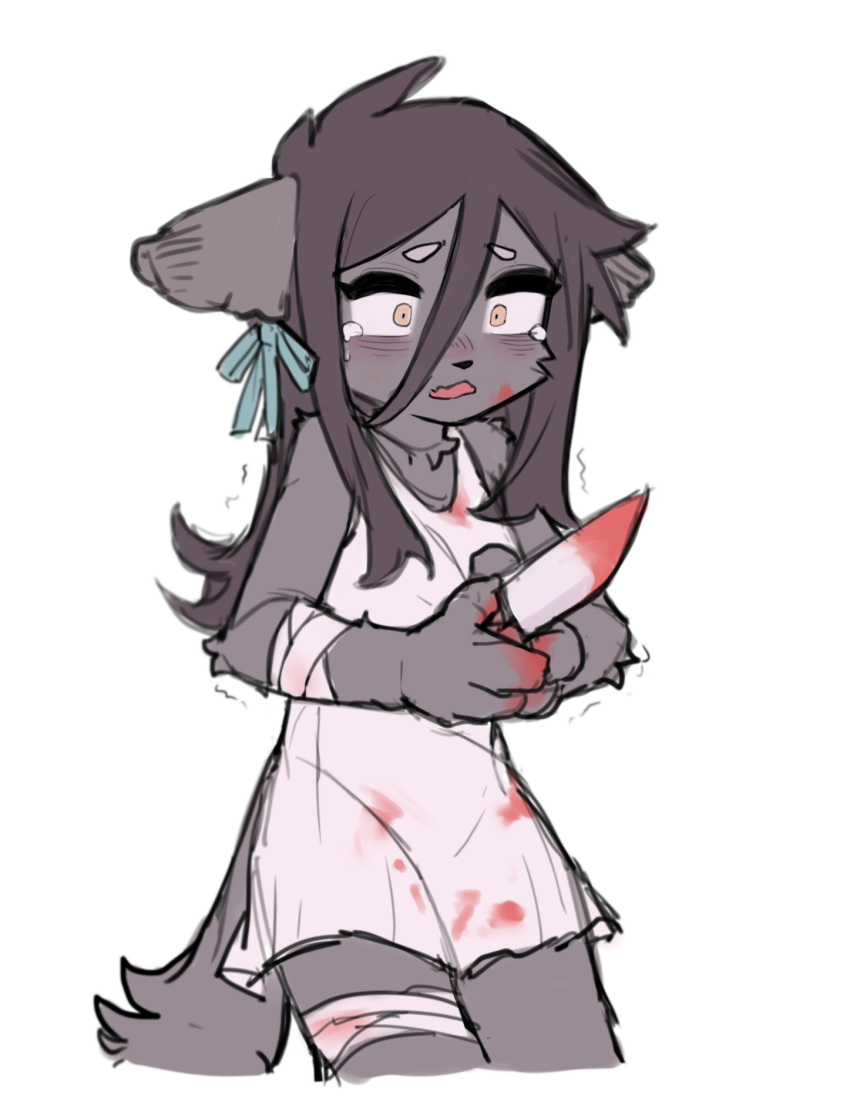 2022 accessory anthro bandage bandaged_arm bandaged_leg blood blood_on_bandage blood_on_clothing blood_on_face blood_on_hand blood_on_knife bodily_fluids canid canine canis clothing constricted_pupils crayon_(artist) crying domestic_dog dress female fur grey_body grey_fur grey_hair hair hair_accessory hair_ribbon hi_res holding_knife holding_melee_weapon holding_object holding_weapon kemono knife long_hair mammal melee_weapon open_mouth pupils ribbons scared shaking simple_background small_pupils solo standing tears trembling weapon white_background white_clothing white_dress wounded yellow_eyes