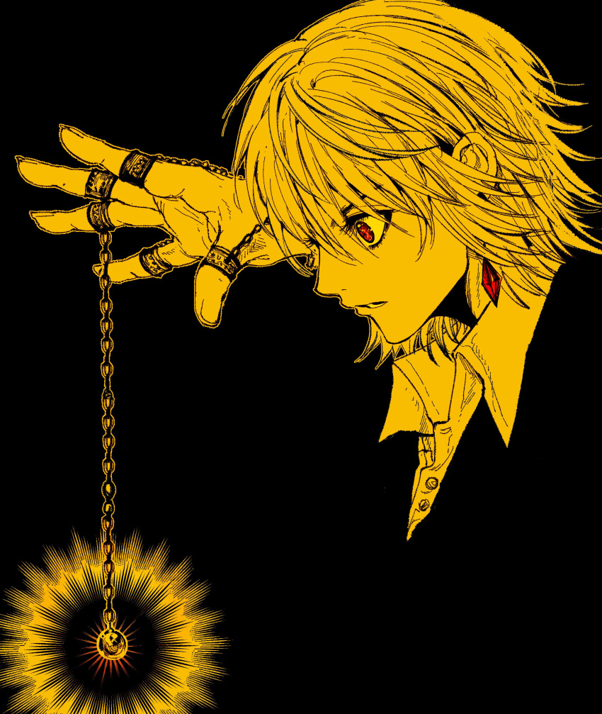 1boy absurdres androgynous bangs black_background chain crystal_earrings earrings glowing highres hunter_x_hunter jewelry kurapika long_bangs looking_to_the_side multiple_rings my_nameisyoon red_eyes ring solo