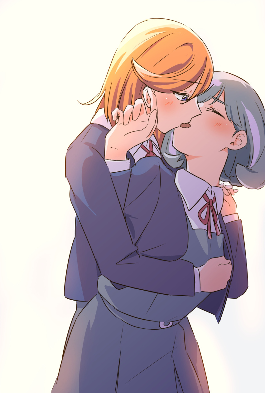 2girls arms_up aroused blush breast_grab closed_mouth commentary_request french_kiss grabbing half-closed_eyes hand_on_another's_ear highres hug hug_from_behind interlocked_fingers kikorinolily kiss light_brown_hair love_live! love_live!_superstar!! medium_hair multiple_girls orange_hair purple_eyes school_uniform shibuya_kanon shiny shiny_hair short_hair tang_keke yellow_background yuigaoka_school_uniform yuri