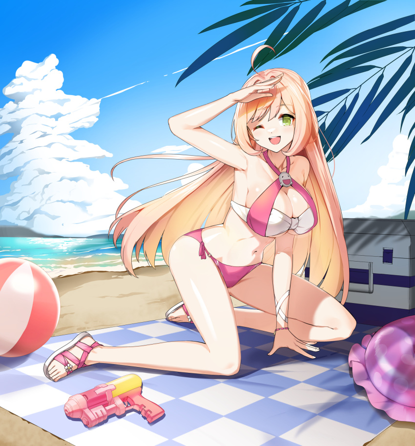 1girl ;d ahoge arm_up armpits ball bare_arms bare_legs bare_shoulders beach beach_mat beachball bikini blonde_hair breasts cleavage closers collarbone criss-cross_halter feet green_eyes halterneck highres kneeling large_breasts legs long_hair looking_at_viewer navel official_art one_eye_closed open_mouth outdoors pink_bikini sandals shading_eyes side-tie_bikini_bottom smile solo soma_(closers) stomach swimsuit thighs toes two-tone_bikini very_long_hair water_gun white_bikini