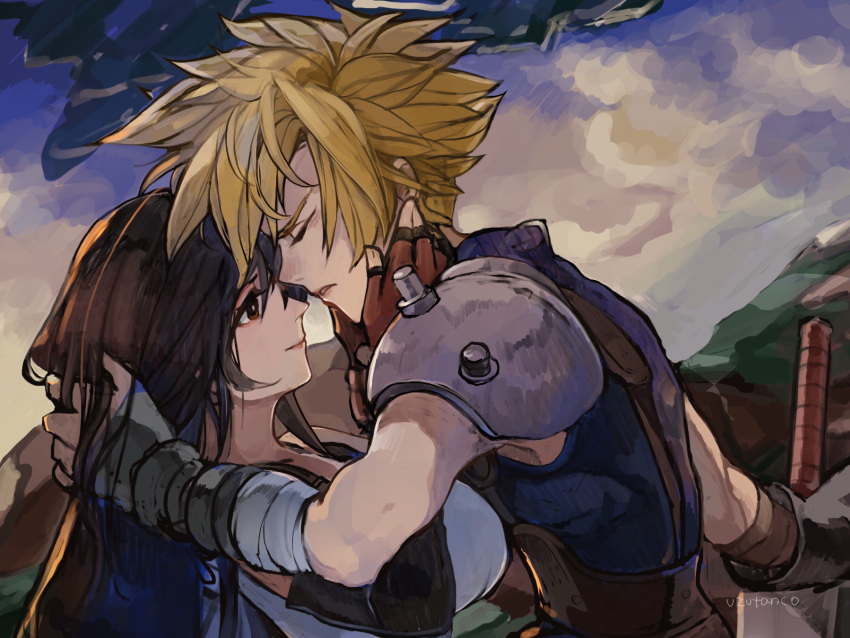 1boy 1girl aircraft airship armor bare_shoulders black_hair blonde_hair breasts brown_hair closed_eyes cloud cloud_strife cloudy_sky couple detached_sleeves final_fantasy final_fantasy_vii fingerless_gloves gloves hand_in_another's_hair hand_on_another's_head hands_on_another's_face hetero highres large_breasts long_hair looking_at_another mountain outdoors parted_lips red_eyes red_gloves shoulder_armor sky smile spiked_hair sweater tank_top tifa_lockhart turtleneck turtleneck_sweater uzutanco white_tank_top