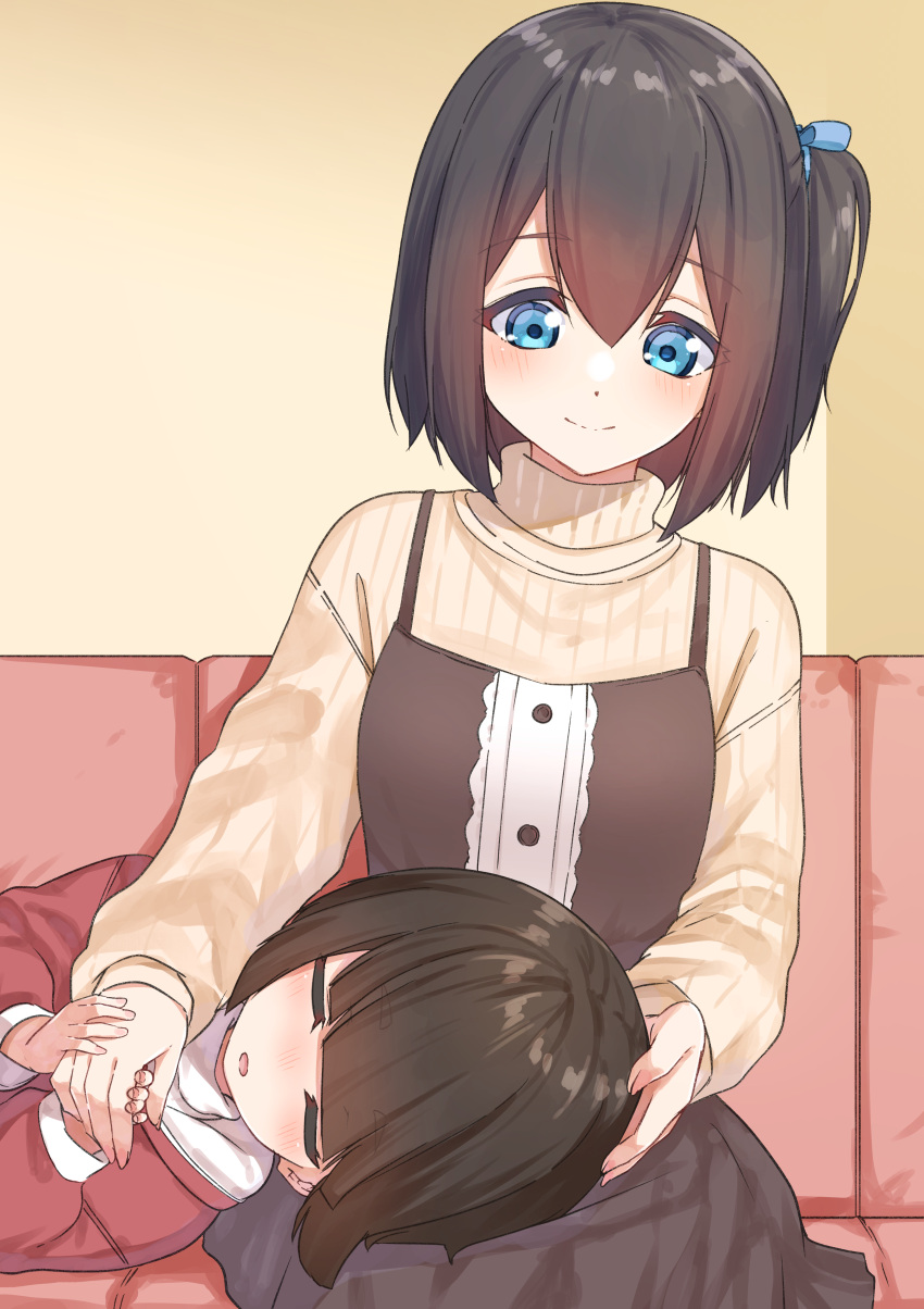 2girls absurdres bangs black_dress black_hair blue_bow blue_eyes bow brown_sweater closed_mouth commentary_request couch dress hair_between_eyes hair_bow has_bad_revision has_downscaled_revision highres hood hood_down hoodie lap_pillow long_sleeves looking_away looking_down lying md5_mismatch multiple_girls on_couch on_side one_side_up original puffy_long_sleeves puffy_sleeves red_hoodie resolution_mismatch ribbed_sweater sitting sleeveless sleeveless_dress smile source_smaller suzunari_shizuku sweater turtleneck turtleneck_sweater yuki_arare