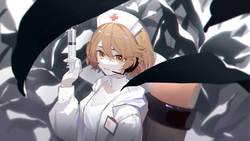 1girl absurdres bangs blurry blurry_background bob_cut braid closed_mouth coat cross detached_collar dress from_above from_side gloves hair_between_eyes hand_up hat headphones headset highres holding holding_syringe hood hood_down id_card iris_yi leaf looking_at_viewer lying microphone nurse nurse_cap nurse_robot_type_t on_back open_clothes open_coat orange_eyes orange_hair plant red_cross short_hair side_braid smile solo swept_bangs syringe tank_(container) upper_body utau white_coat white_dress white_gloves