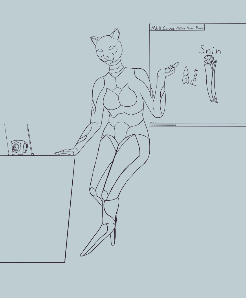 absurd_res anthro armor beverage coffee coffee_mug cog computer desk felid feline female floating furniture hc_svnt_dracones hi_res laptop line_art lynx machine mammal presentation robot solo table unusual_anatomy voidweaversirun