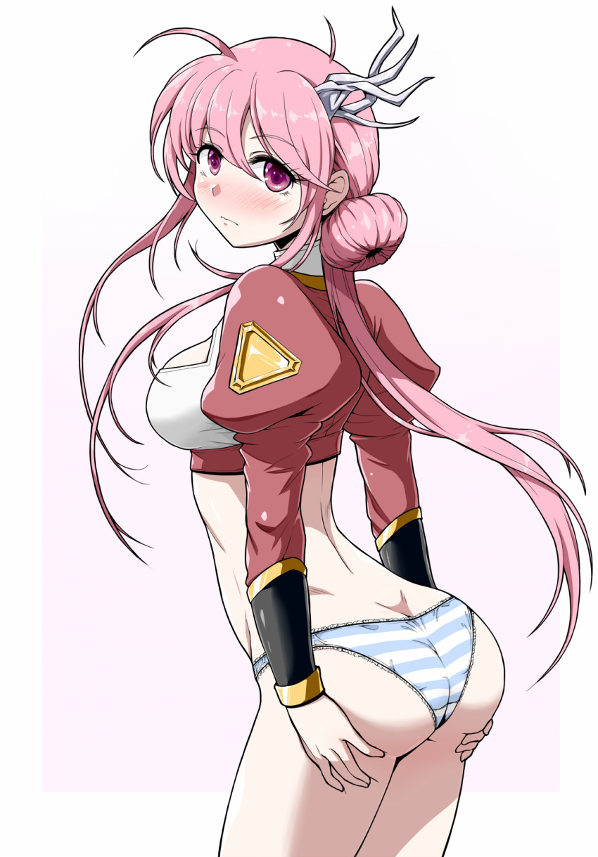 1girl almeda ass ass_grab blush butt_crack cropped_jacket embarrassed full-face_blush grabbing_own_ass hair_bun highres kyo9999 langrisser langrisser_mobile looking_at_viewer looking_back nose_blush panties pink_hair pink_panties shrug_(clothing) simple_background solo striped striped_panties underwear white_background