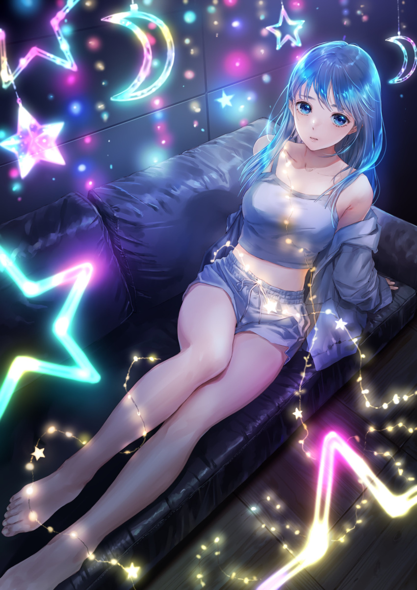 1girl absurdres arm_support artist_request bangs bare_legs bare_shoulders barefoot blue_eyes blue_hair breasts check_artist couch crescent crop_top drawstring emori_miku emori_miku_project feet from_above grey_jacket grey_shorts grey_tank_top highres jacket kishida_mel legs long_hair looking_at_viewer medium_breasts midriff off_shoulder on_couch open_clothes open_jacket short_shorts shorts sidelocks sitting solo star_(symbol) tank_top