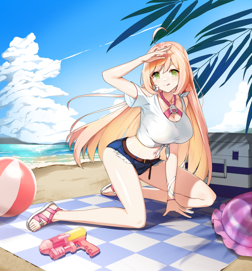 1girl :q ahoge arm_up ball bare_legs beach beach_mat beachball belt blonde_hair blue_shorts breasts cleavage closed_mouth closers clothing_cutout collarbone criss-cross_halter crop_top cutoffs denim denim_shorts feet front-tie_top green_eyes halterneck highres kneeling large_breasts legs long_hair looking_at_viewer micro_shorts midriff navel official_art outdoors sandals shading_eyes shirt short_sleeves shorts shoulder_cutout smile solo soma_(closers) stomach thighs toes tongue tongue_out very_long_hair water_gun white_shirt