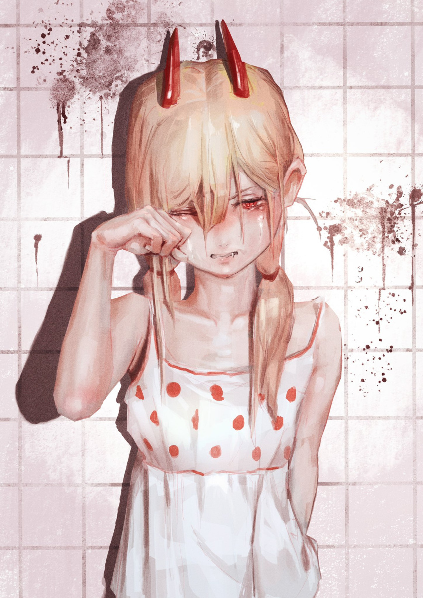 1girl bare_arms bare_shoulders blonde_hair blood chainsaw_man crying demon_girl demon_horns dress fang female_child hair_between_eyes highres horns long_hair low_twintails neg_(101neg) one_eye_closed polka_dot power_(chainsaw_man) red_eyes red_horns rubbing_eyes sleeveless sleeveless_dress solo tears tile_wall tiles twintails white_dress