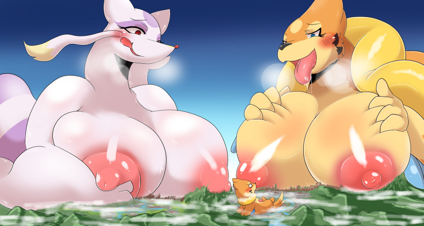 absurd_res anthro areola balls big_breasts blue_eyes blush bodily_fluids breast_rest breasts buizel cloud empty_eyes extreme_size_difference female floatzel generation_4_pokemon generation_5_pokemon genitals giga group hi_res huge_breasts kify landscape_dwarfing licking licking_lips macro male mienshao mountain nintendo nipples penis pokemon pokemon_(species) red_eyes saliva size_difference tongue tongue_out trio video_games