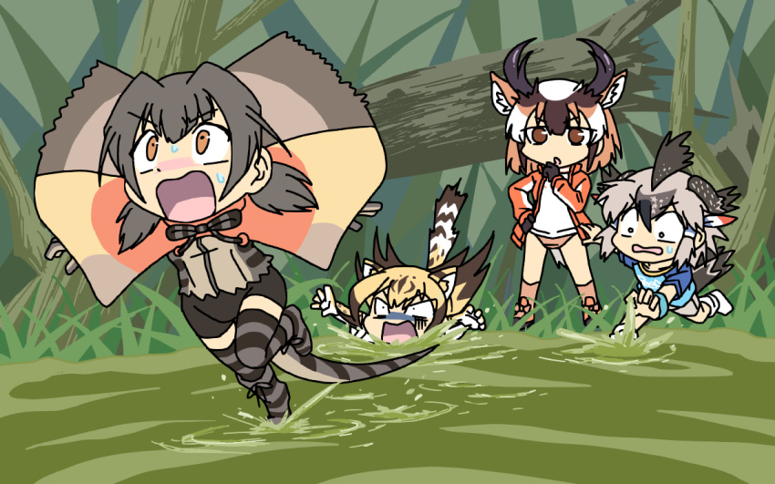 4girls animal_ears animal_print bangs bird_tail black_hair blonde_hair brown_eyes brown_hair buruma cheetah_(kemono_friends) cheetah_girl cheetah_print cheetah_tail commentary_request constricted_pupils day disgust elbow_gloves extra_ears falling fleeing frilled_lizard_(kemono_friends) gloom_(expression) gloves greater_roadrunner_(kemono_friends) grey_hair hair_tubes hand_on_hip hand_to_own_mouth hand_up horns jacket kemono_friends lizard_tail long_hair long_sleeves looking_at_another looking_down looking_up medium_hair multicolored_hair multiple_girls neck_ribbon open_clothes open_jacket orange_eyes outdoors outstretched_arms partially_submerged print_gloves pronghorn_(kemono_friends) ribbon running shirt shoes short_sleeves short_twintails shorts spread_arms srd_(srdsrd01) standing sweat t-shirt tail tail_raised thighhighs track_jacket turn_pale twintails v-shaped_eyebrows walking walking_on_liquid white_hair wide-eyed