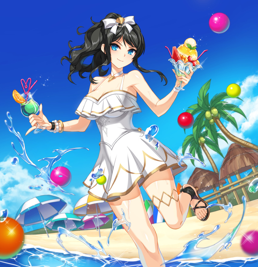 1girl armpits bare_shoulders beach bead_bracelet beads black_hair blue_eyes bow bracelet breasts choker closed_mouth closers cup day dress drinking_glass feet food foot_out_of_frame hair_bow halterneck highres holding hurricane_glass ice_cream jewelry large_breasts legs long_hair looking_at_viewer official_art outdoors ponytail sandals sleeveless sleeveless_dress smile solo spaghetti_strap sundress thighlet thighs toes tropical_drink water wavy_hair wet white_choker white_dress yuri_seo
