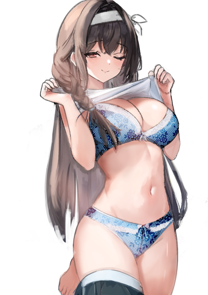 1girl absurdres asymmetrical_hair barefoot blue_bra blue_panties blush bra braid breasts brown_hair cleavage closed_mouth clothes_lift commentary floral_print goddess_of_victory:_nikke hair_intakes hair_over_shoulder hairband half-closed_eye highres large_breasts lifted_by_self long_hair mary_(nikke) navel one_eye_closed panties peeking red_eyes rehu shirt shirt_lift side_braid simple_background single_braid smile solo standing standing_on_one_leg stomach thighs underwear white_background white_hairband white_shirt