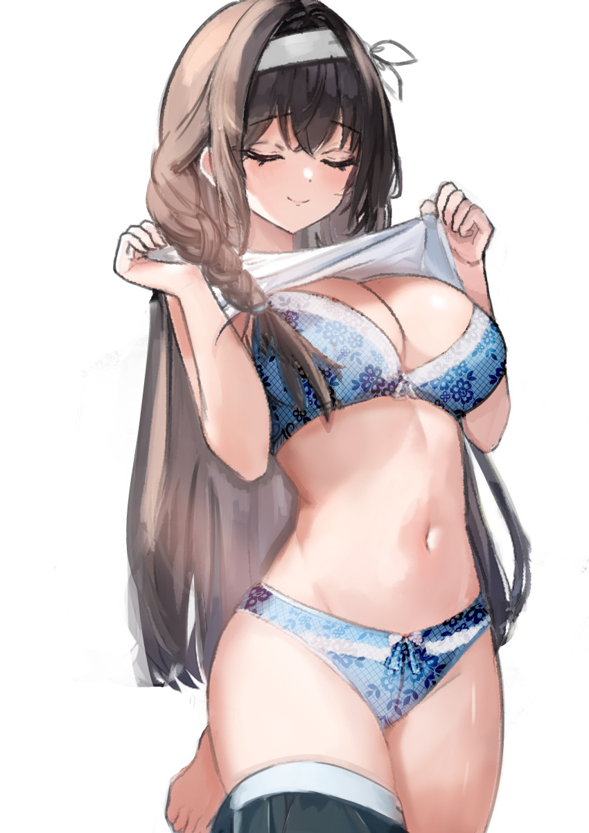 1girl absurdres asymmetrical_hair barefoot blue_bra blue_panties blush bra braid breasts brown_hair cleavage closed_eyes closed_mouth clothes_lift commentary floral_print goddess_of_victory:_nikke hair_intakes hair_over_shoulder hairband highres large_breasts lifted_by_self long_hair mary_(nikke) navel panties rehu shirt shirt_lift side_braid simple_background single_braid smile solo standing standing_on_one_leg stomach thighs underwear white_background white_hairband white_shirt