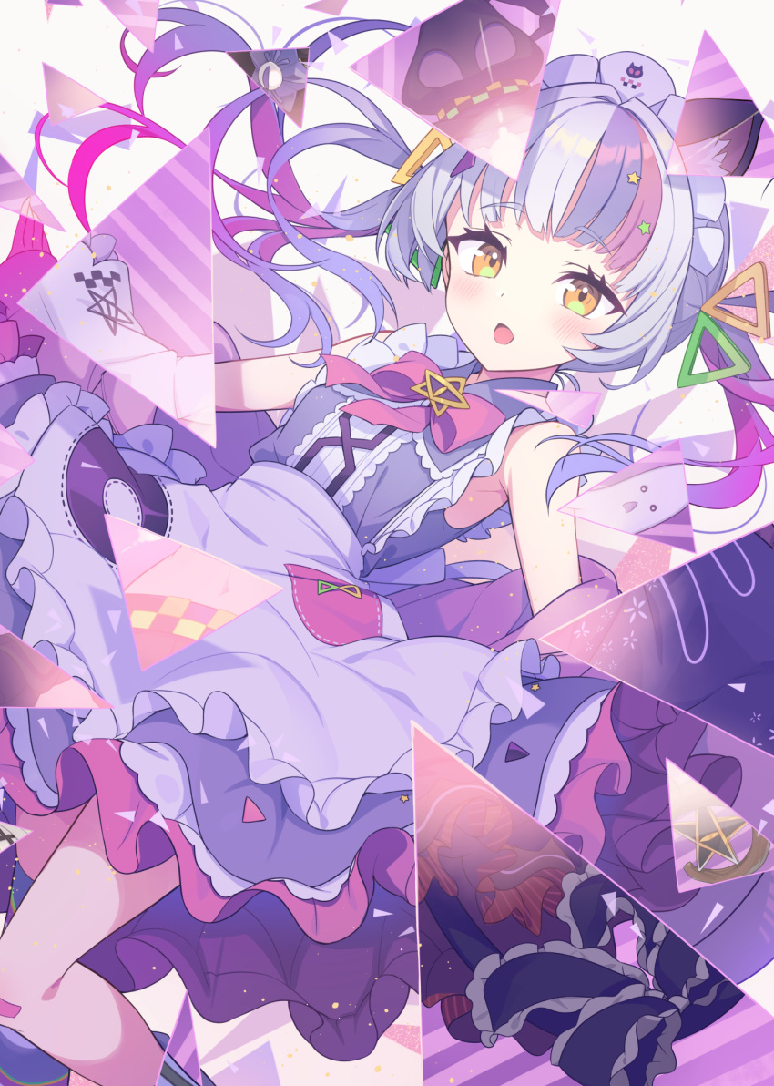 1girl apron bangs bare_shoulders blush bow brown_eyes commentary_request dress feet_out_of_frame frilled_apron frills grey_hair hair_ornament highres hololive long_hair looking_at_viewer maid_headdress multicolored_hair murasaki_shion open_mouth pink_bow pink_hair purple_dress purple_hair sleeveless sleeveless_dress solo streaked_hair tam-u twintails virtual_youtuber waist_apron white_apron