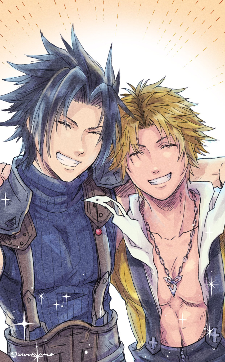 2boys arm_around_shoulder armor bangs belt black_hair blonde_hair blue_shirt brown_belt chain_necklace closed_eyes collarbone crisis_core_final_fantasy_vii dissidia_final_fantasy final_fantasy final_fantasy_vii final_fantasy_x grin highres hood hood_down hooded_jacket jacket jewelry male_focus multiple_boys necklace parted_bangs pectorals shirt short_hair shoulder_armor sleeveless sleeveless_turtleneck smile suspenders teeth tidus turtleneck upper_body warori_anne yellow_jacket zack_fair