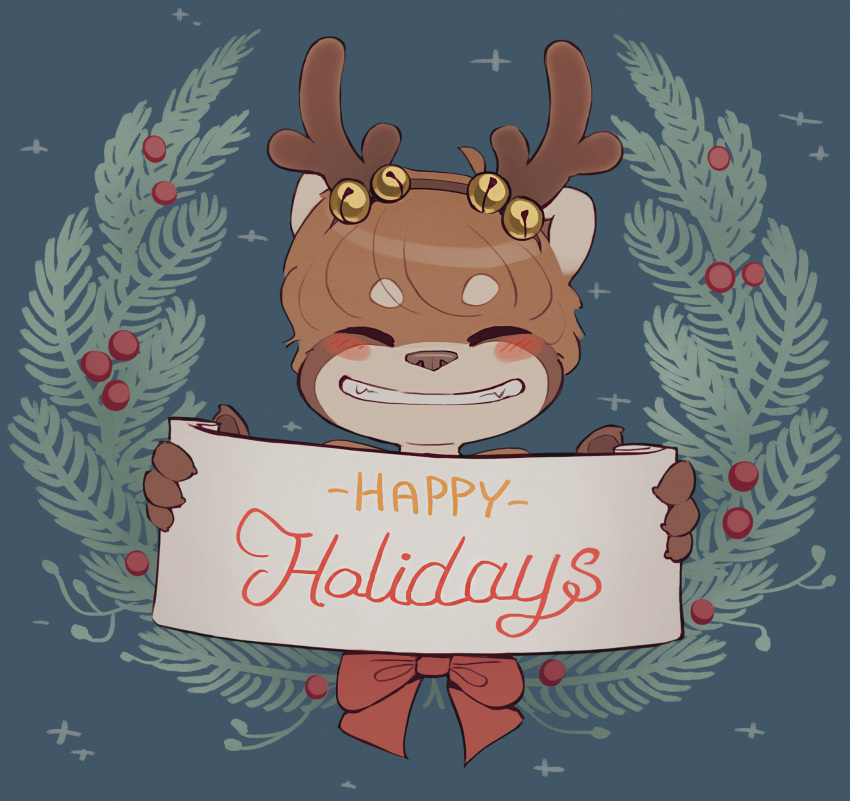 ailurid anthro antler_headband bell blue_background blush bow_(disambiguation) brown_body brown_fur brown_hair christmas eyes_closed fur hair hi_res holding_object holding_sign holidays jingle_bell male mammal max_(skidoo) red_panda sign simple_background skidoo smile solo white_body white_fur wreath