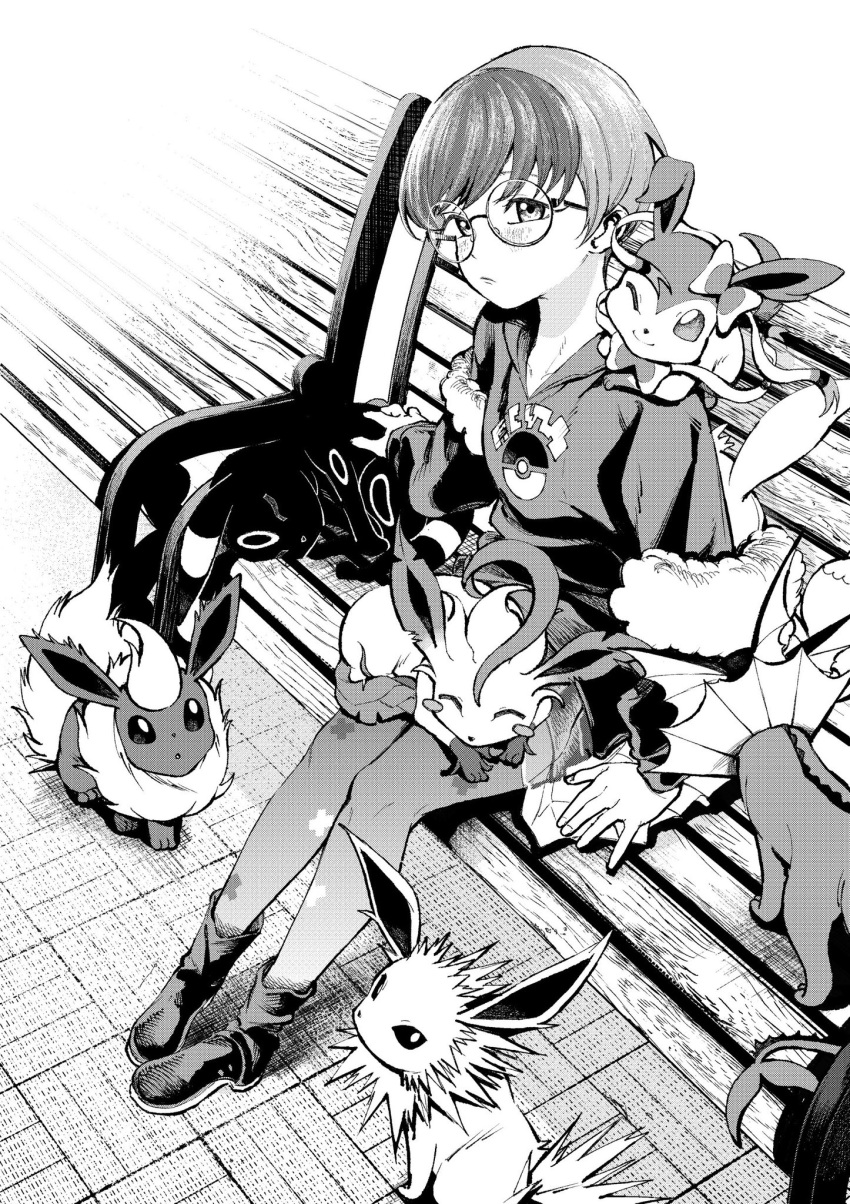 1girl backpack bag bangs bench blush boots closed_mouth commentary_request flareon glasses greyscale highres hood hoodie ihsuta3 jolteon leafeon monochrome multicolored_hair on_lap pantyhose penny_(pokemon) pokemon pokemon_(creature) pokemon_(game) pokemon_on_lap pokemon_sv round_eyewear short_hair sitting sylveon two-tone_hair umbreon vaporeon