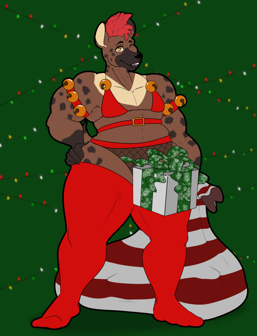 absurd_res anthro bear bell bell_harness belt belt_accessory belt_buckle bikini bikini_top box brown_body brown_eyes brown_fur christmas_lights clothing container crescent_moon_(marking) dick_in_a_box ears_up footwear frohawk fur fur_markings gift hand_on_hip harness hi_res hybrid hyena jingle_bell jingle_bell_harness legwear male mammal markings meme mesh_underwear moon_(marking) mr.hakkai musclegut muscular muscular_arms muscular_male one_eye_closed raikugan sack simple_background smile socks solo spots spotted_body spotted_fur swimwear thick_thighs thigh_highs thigh_socks wink