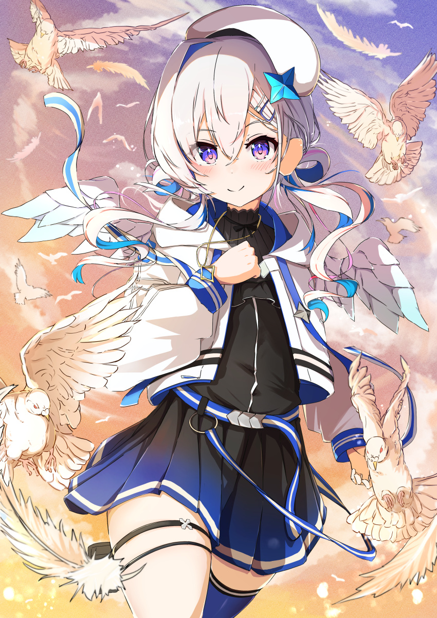 1girl absurdres amane_kanata angel_wings bangs beret bird black_dress blue_hair blue_thighhighs blush closed_mouth colored_inner_hair crossed_bangs dress feathered_wings floating_hair frilled_dress frills grey_hair hair_between_eyes hair_ornament hairclip hand_on_own_chest hat highres hololive jacket long_hair long_sleeves looking_at_viewer mini_wings multicolored_hair purple_eyes single_thighhigh smile solo spice_mega star_(symbol) star_hair_ornament streaked_hair thigh_strap thighhighs thighs two-tone_hair virtual_youtuber white_headwear white_jacket white_wings wings