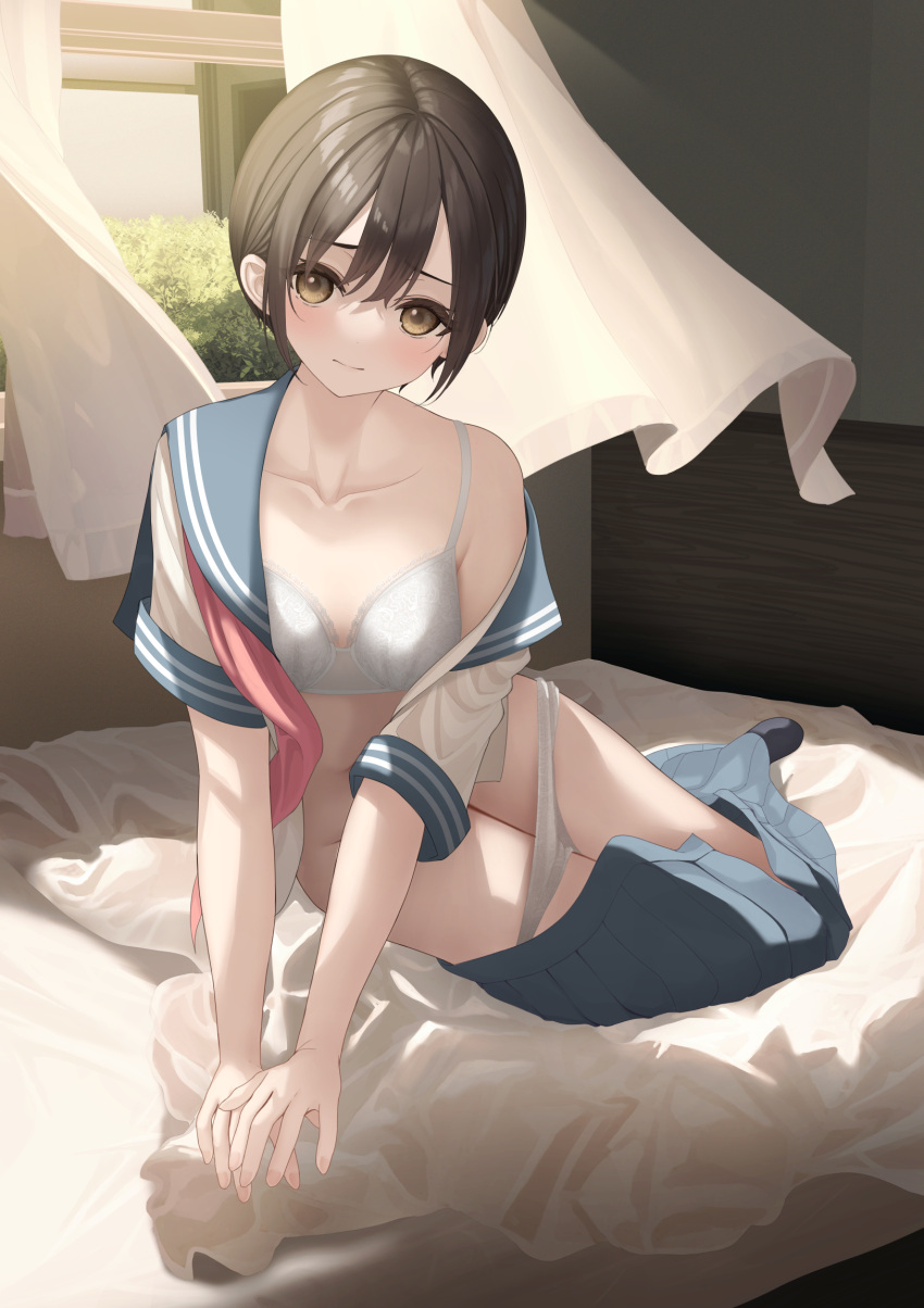 1girl bangs bare_shoulders black_hair black_socks blue_sailor_collar blue_skirt bra breasts brown_eyes closed_mouth clothes_pull collarbone commentary_request curtains eyebrows_hidden_by_hair full_body groin hair_between_eyes highres indoors looking_at_viewer mottsun_(i_40y) no_shoes off_shoulder on_bed open_clothes open_shirt open_window original panties panty_pull pleated_skirt sailor_collar shirt short_hair short_sleeves skirt skirt_pull small_breasts socks solo underwear white_bra white_panties white_shirt window