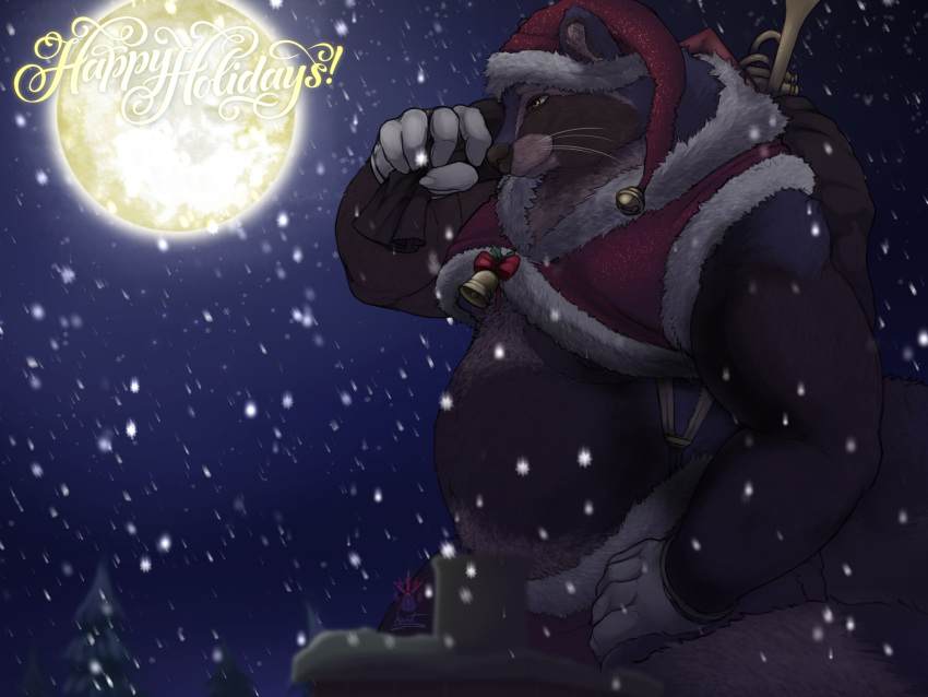 anthro barazoku bell brass_instrument canid canine christmas christmas_clothing christmas_headwear clothing evergreen_tree full_moon geno28_(artist) gift gloves handwear hat headgear headwear hi_res holidays male mammal moon musclegut musical_instrument pine_tree plant raccoon_dog santa_claus santa_hat solo suggestive_clothing tagme tanuki tree trumpet watermark wind_instrument zaffre