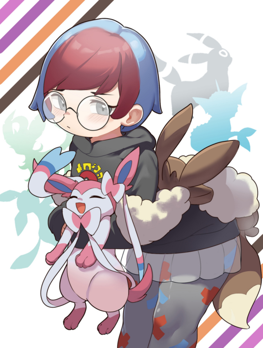 1girl backpack bag bangs blue_hair blush brown_bag closed_mouth commentary_request glaceon glasses grey_eyes grey_pantyhose highres holding holding_pokemon hood hoodie leafeon leaning_forward long_sleeves multicolored_hair pantyhose penny_(pokemon) poke_ball_print pokemon pokemon_(creature) pokemon_(game) pokemon_sv red_hair round_eyewear sakurami_sumi see-through see-through_skirt skirt sleeves_past_wrists sylveon two-tone_hair umbreon vaporeon