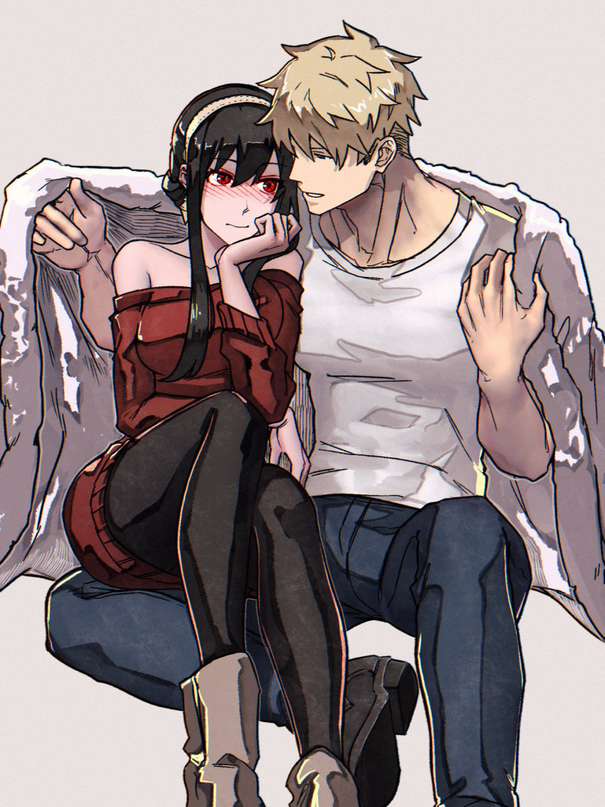 1boy 1girl bangs bare_shoulders black_hair black_pantyhose blanket blonde_hair blue_eyes blue_pants blush breasts brown_footwear closed_mouth collarbone couple covering_with_blanket earrings gold_earrings hairband highres husband_and_wife jewelry large_breasts long_hair looking_at_another off-shoulder_sweater off_shoulder pants pantyhose parted_lips red_eyes red_sweater shared_blanket shirt sidelocks sitting sitting_on_lap sitting_on_person spy_x_family sweater syachiiro twilight_(spy_x_family) white_hairband white_shirt yor_briar