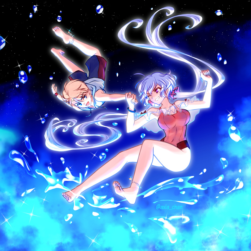 1boy 1girl axia-chan bare_shoulders barefoot blonde_hair blue_background blue_eyes grey_hair hand_up highres holding_hands hood long_hair one-piece_swimsuit red_one-piece_swimsuit senki_zesshou_symphogear senki_zesshou_symphogear_xd_unlimited shorts sleeveless swimsuit twintails water yukine_chris