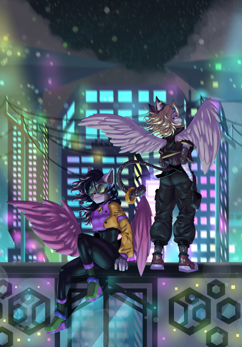 absurd_res angel anthro canid canine canis city city_background city_lights city_scape cybernetics cyberpunk duo felid female female/female hair hi_res l leopard light machine male mammal neon neon_lights pantherine polarisart sky train vehicle wolf