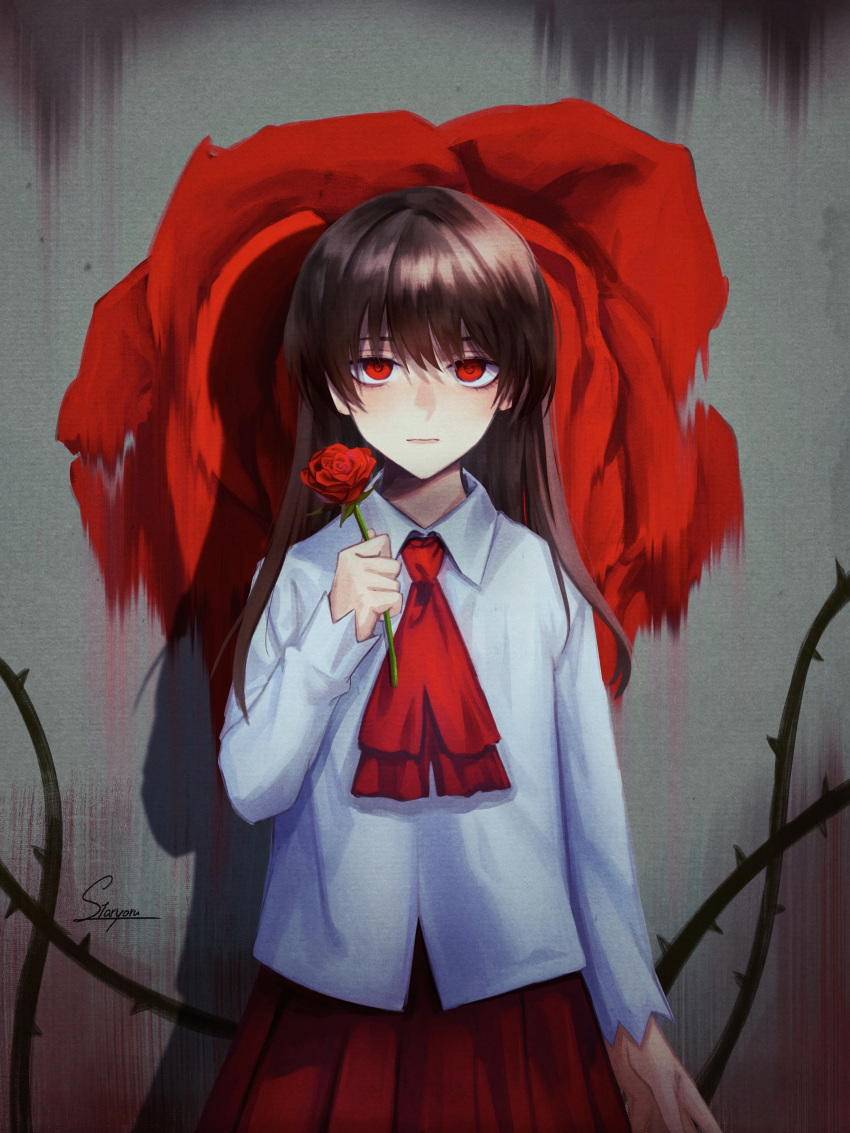 1girl absurdres brown_hair expressionless floral_print flower highres holding holding_flower ib ib_(ib) long_hair looking_at_viewer neckerchief red_eyes red_flower red_neckerchief red_rose red_skirt rose rose_print shirt skirt spikes staryoruu white_shirt