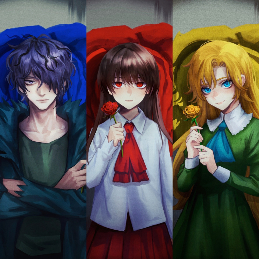 1boy 2girls blonde_hair blue_eyes blue_flower blue_jacket blue_neckerchief blue_rose brown_hair crossed_arms dress expressionless floral_print flower garry_(ib) green_dress green_shirt highres holding holding_flower ib ib_(ib) jacket juliet_sleeves long_dress long_hair long_sleeves looking_at_viewer mary_(ib) multiple_girls neckerchief open_clothes open_jacket puffy_sleeves red_eyes red_flower red_neckerchief red_rose red_skirt rose rose_print serious shirt skirt smile spikes staryoruu torn torn_clothes white_shirt yellow_flower yellow_rose