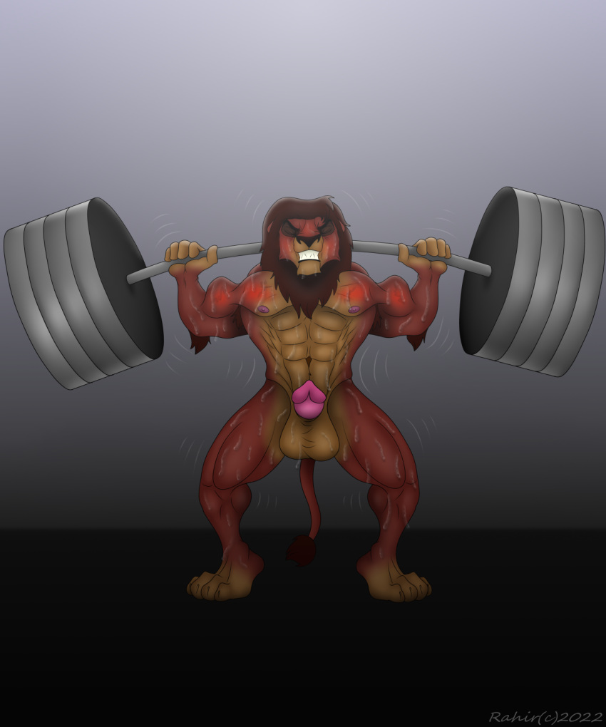 2022 abs anthro athletic balls bodily_fluids digital_media_(artwork) disney erection felid feline furry genitals hi_res invalid_tag kovu lifting lion male mammal muscular nude pantherine pecs penis powerlift shredded sweat the_lion_king vein weights