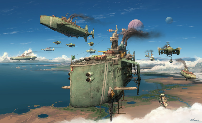 aircraft airship aoi_waffle cable cloud dieselpunk flag flying highres military military_vehicle moon no_humans ocean rusty_front science_fiction signature smoke vehicle_focus