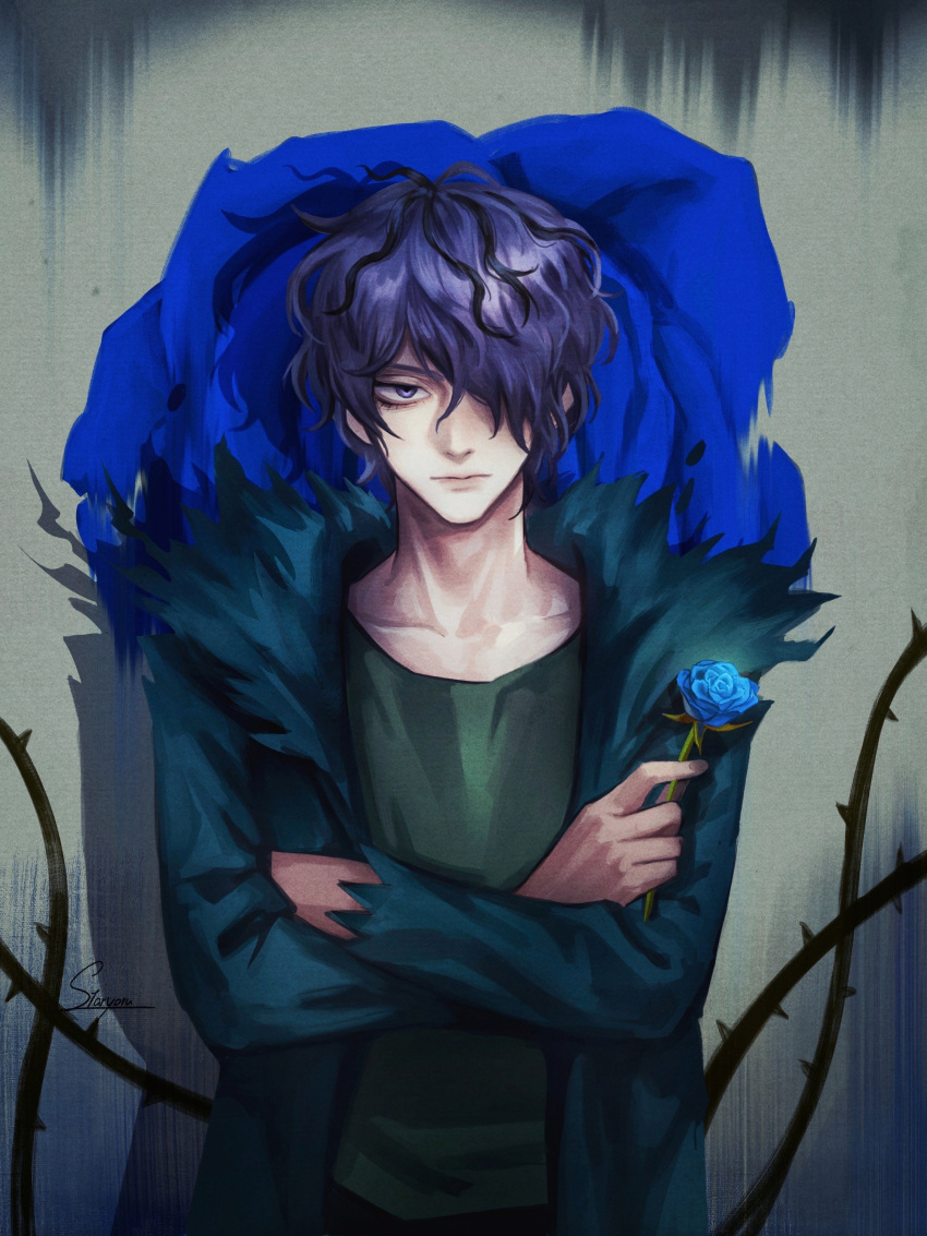 1boy absurdres blue_eyes blue_flower blue_jacket blue_rose crossed_arms floral_print flower garry_(ib) green_shirt highres holding holding_flower ib jacket open_clothes open_jacket rose rose_print serious shirt spikes staryoruu torn torn_clothes