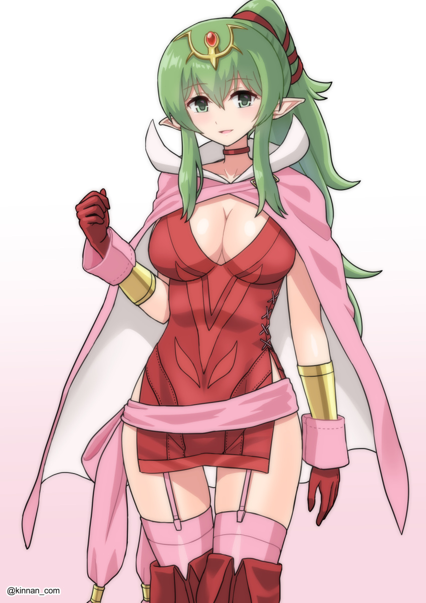 1girl :d blush boots breasts cape cleavage collarbone dress fire_emblem fire_emblem_awakening garter_straps gloves green_eyes green_hair highres kinnan large_breasts long_hair looking_at_viewer open_mouth pink_cape pointy_ears ponytail red_dress red_gloves red_thighhighs side_slit simple_background smile solo strapless strapless_dress thigh_boots thighhighs tiara tiki_(adult)_(fire_emblem) tiki_(fire_emblem) twitter_username white_background