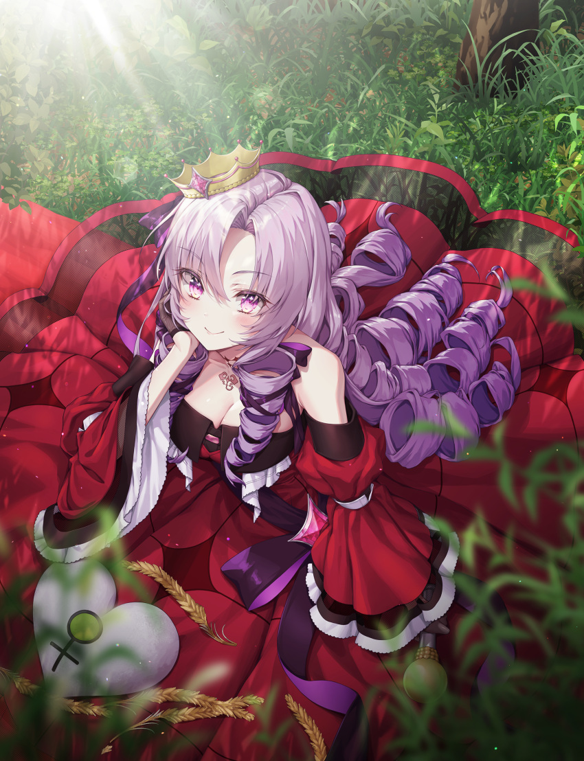 1girl absurdres bangs bare_shoulders black_gloves blush breasts chest_tattoo choker cleavage closed_mouth commentary crown dress drill_hair gem gloves grass hachihachy hair_ribbon half_gloves hand_on_own_cheek hand_on_own_face highres holding hyakumantenbara_salome juliet_sleeves large_breasts long_hair long_sleeves looking_at_viewer nijisanji off-shoulder_dress off_shoulder outdoors parted_bangs puffy_sleeves purple_eyes purple_hair purple_ribbon purple_sash red_dress red_gemstone red_sleeves ribbon sash scorpion_tattoo sidelocks smile solo tattoo venus_symbol virtual_youtuber wide_sleeves