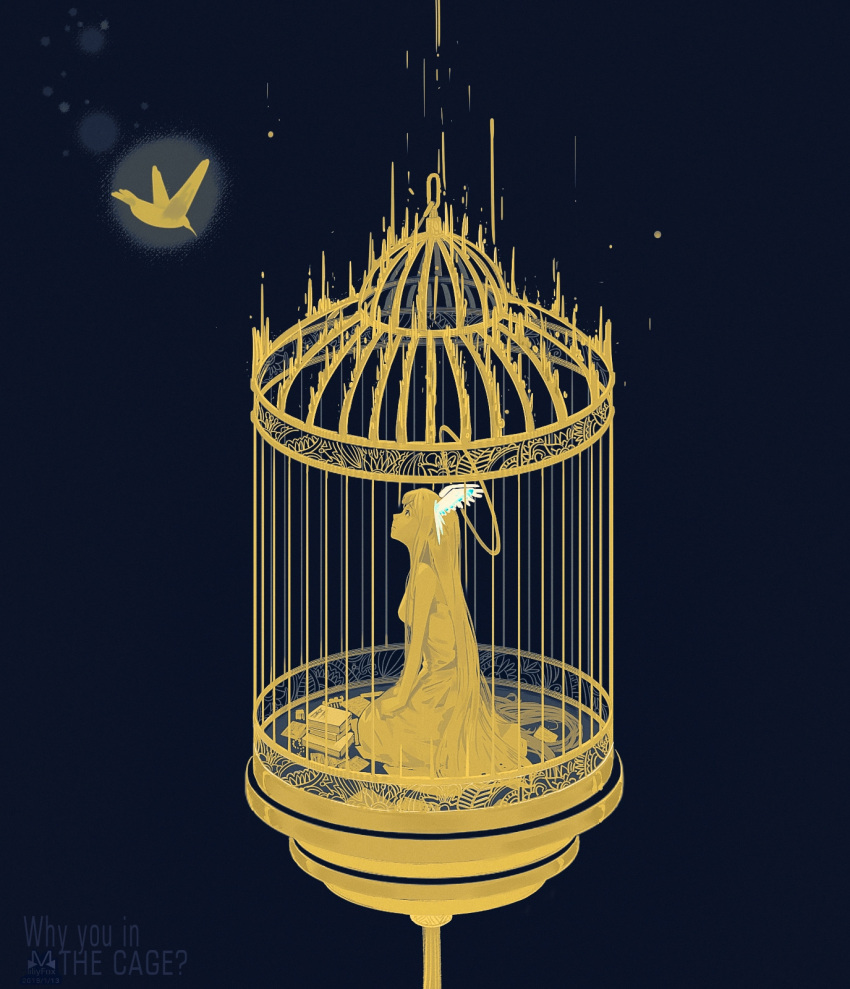 angel artist_name bird birdcage blue_background book book_stack cage dark_background dated dress glowing head_wings highres hummingbird kneeling liliyfox long_hair looking_at_animal monochrome original simple_background spot_color wide_shot
